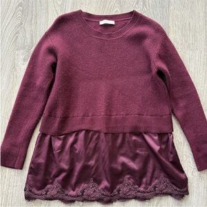 Sandro Burgundy Crewneck Sweater with Satin Lace Hem